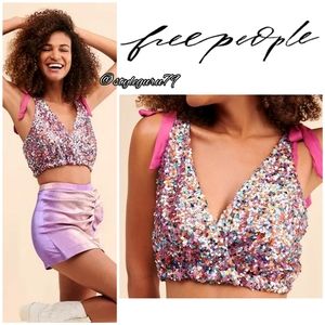 Free People, Big Night Sequin Crop Top in Pink Confetti